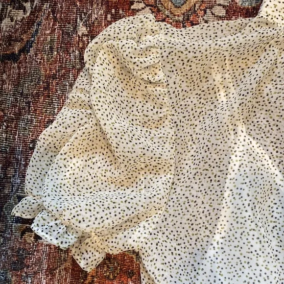 NWT Wayf Puff Sleeve High Neck Top. Short Sleeve. Size Small. Dot Print. Sheer. - Picture 2 of 12